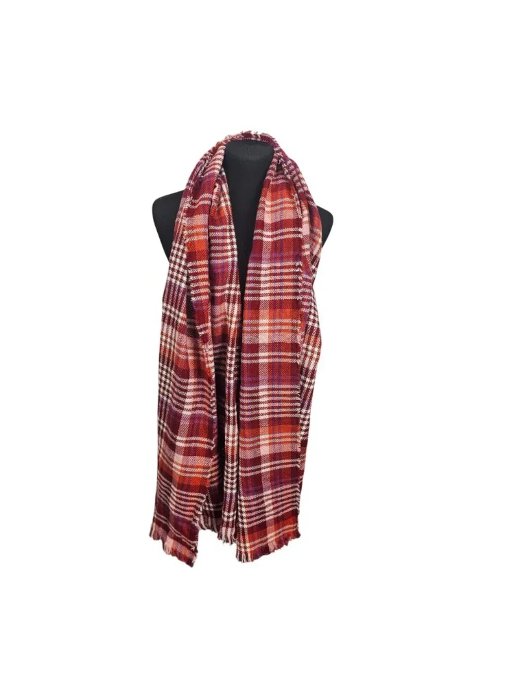 Joan Rivers Plaid Red & Orange Scarf Blanket Wrap Frayed Edges